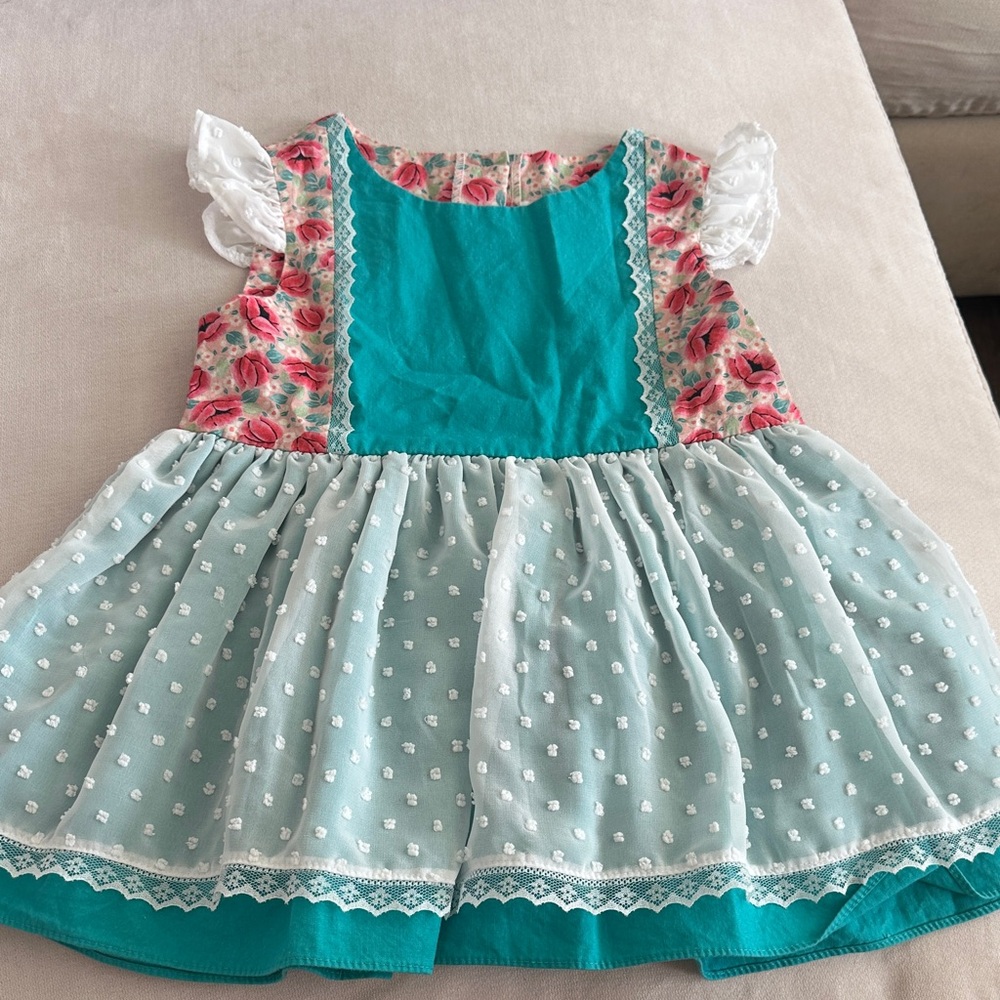 Floral and Teal Dress with Lace Details